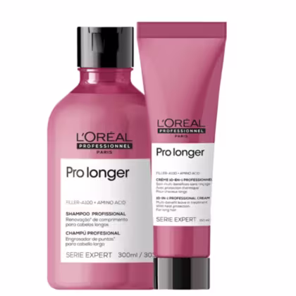A imagem mostra um kit da L'Oréal Professionnel Pro Longer com um frasco arredondado de shampoo e  com uma bisnaga de leave-in, ambos de cor rosa escuro, rótulo branco e tampa preta.