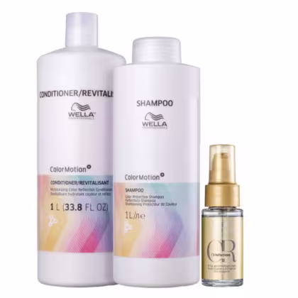 Conjunto de produtos Wella Professionals Color Motion, incluindo shampoo e condicionador em embalagens brancas com detalhes coloridos, além de um frasco dourado de óleo para cabelos.