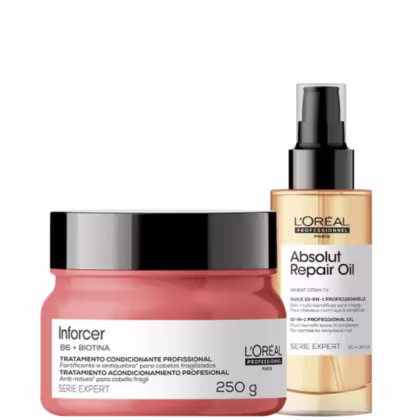 A imagem mostra um kit com dois produtos para cabelo da L'Oréal Professionnel. O da esquerda é um pote plástico roal com tampa preta e o da direita é um frasco plástico dourado com aplicador spray preto.