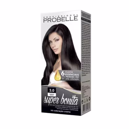 Coloração capilar Probelle. Embalagem retangular branca com imagem frontal de uma modelo de cabelos longos e escuros. Rótulo preto na parte inferior com o nome "super bonita 3.0" em letras brancas.