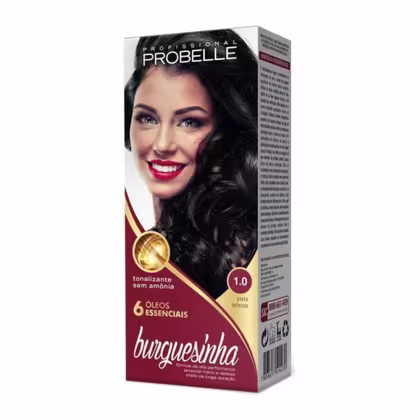 Coloração de cabelos Probelle. Caixa retangular com fundo branco e detalhes em vermelho e dourado. Imagem de uma mulher sorridente com cabelos longos e escuros. Rótulo indicando "Tonalizante sem amônia" e "6 Óleos Essenciais". Cor 1.0 preta intenso.