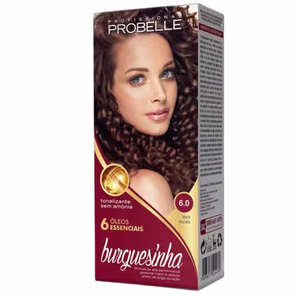 Coloração de cabelos da marca Probelle, embalagem retangular. A caixa é vermelha com detalhes dourados, exibindo uma imagem de uma mulher com cabelos longos e cacheados na cor castanha escura. A cor indicada é "Louro Escuro 6.0".