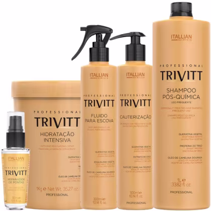 Imagem do produto Kit Trivitt Cauterização 300ml, Fluido para escova 300ml, Hidratação intensiva 1kg, Reparador de pontas 30ml e Shampoo pós-química 1 Litro