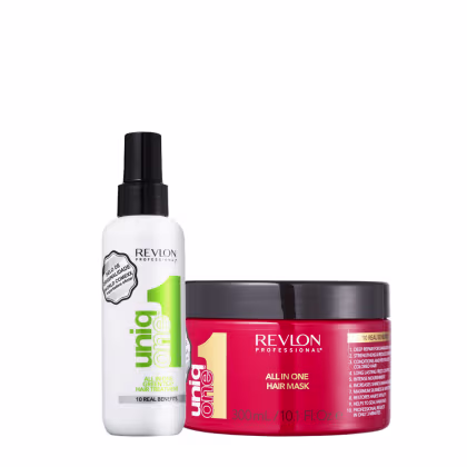 A imagem mostra dois produtos de tratamento capilar da linha Revlon Professional. Um leave-in líquido chamado "Uniq One All In One Hair Treatment". O outro é uma máscara capilar chamada "All In One Hair Mask".