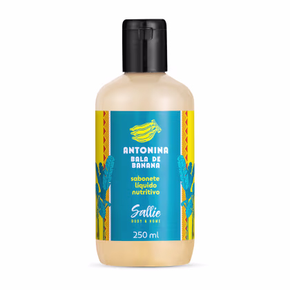 Frasco de sabonete líquido nutritivo da marca Sallie Body & Home, com 250 ml de volume, apresentando rótulo com ilustração de bananas e texto "Antonina Bala de Banana" em azul e amarelo.