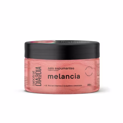 Pote preto com rótulo laranja contendo sais espumantes para rosto e corpo da linha Melancia da Labotrat, com destaque para o equilíbrio da oleosidade e vitamina C em sua composição.