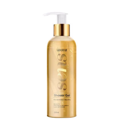 Frasco de gel de banho Labotrat com 230ml, com bomba doseadora, em cores dourado e branco, com rótulo destacando os ingredientes "Flor de Ameixa + Baunilha" e "Monoi Oil".
