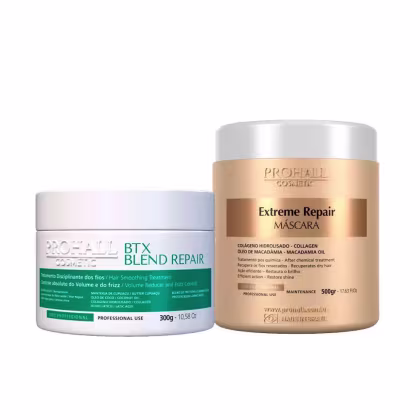 Dois produtos Prohall Cosmetic: um pote branco com rótulo verde para tratamento alisante BTX Blend Repair e um pote branco com rótulo dourado para máscara Extreme Repair, ambos com informações sobre ingredientes e uso profissional.