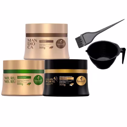 Três máscaras de tratamento capilar da marca Haskell contendo 300g cada, uma cumbuca e um pincel para tintura.