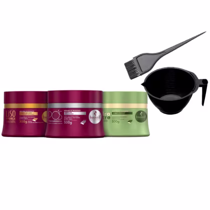 A imagem mostra um kit com 5 produtos de Haskell, sendo 3 máscaras da linha Liso com Força, Pós Progressiva e Hidranutre, ao lado um pincel de tintura e uma cumbuca profissional.