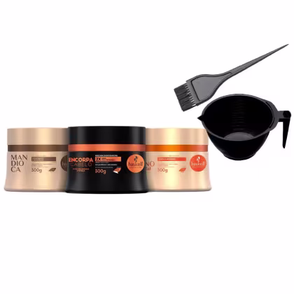 A imagem mostra um kit com 5 produtos de Haskell, sendo 3 máscaras da linha mandioca, Encorpa Cabelo e Tutano, ao lado um pincel de tintura e uma cumbuca profissional.