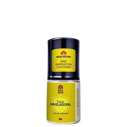 Frasco de base niveladora da marca Amusant, com embalagem preta e amarela. O rótulo indica que o produto contém titânio e é uma base niveladora para unhas lisas.