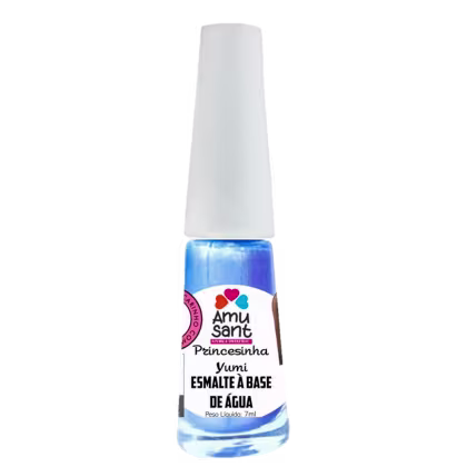 Esmalte à base de água da marca Amusant, com embalagem em formato de frasco plástico branco e azul, contendo 7ml de produto. O rótulo apresenta o nome "Princesinha Vumi" e informações sobre o tipo de produto.