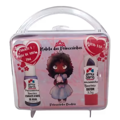 Conjunto de produtos de beleza Amusant em embalagem rosa com ilustração de uma princesa, incluindo um batom vermelho e um frasco de esmalte