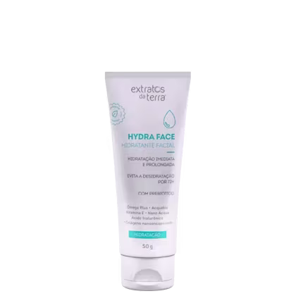 Tubo branco com rótulo da marca Extratos da Terra, contendo o produto "Hydra Face", um hidratante facial com ingredientes como ômega plus, vitamina E e colágeno.