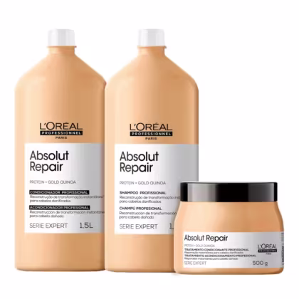 A imagem mostra um kit com dois frascos de plástico de 1,5 litros da linha Absolut Repair da L'Oréal Professionnel, de cor bege com rótulo branco e um pote arredondado de tampa preta.