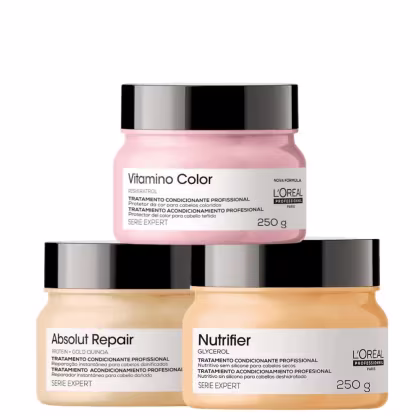 Kit L'Oréal Professionnel Serie Expert Absolut Repair Nutrifier Vitamino Color Trio Care, 3 produtos.