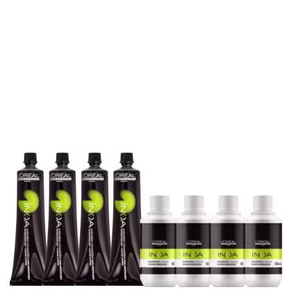 A imagem mostra 4 oxidantes inoa 60ml e 4 tubos de coloração permanente inoa.