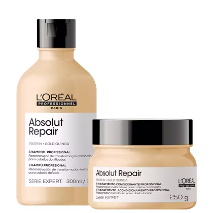 Imagem mostra um shampoo e uma máscara da linha Absolut Repair da L'Oréal Professionnel. O shampoo vem em um frasco plástico e a máscara em um pote bege com tampa preta. Ambos os produtos são amarelo claro.