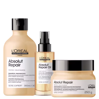A imagem mostra 3 produtos da linha Absolut Repair da L'Oréal. O primeiro é um shampoo em uma embalagem plástica bege de 300ml. O segundo é um óleo em um frasco plástico bege com aplicador spray. O terceiro é um máscara em um pote plástico bege de 250g.