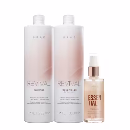 Conjunto de produtos para cabelos danificados da marca Brae. Dois frascos grandes de plástico branco e rosa com a inscrição "Revival Shampoo" e "Revival Conditioner" de 1 litro cada. Um frasco menor de vidro com tampa rosada e rótulo "Essential Oil Blend"