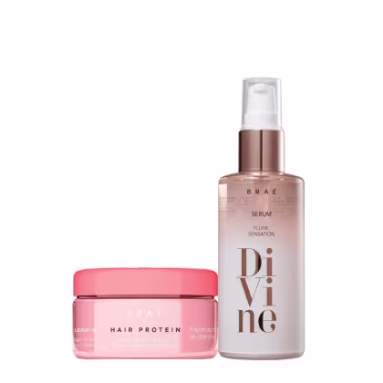 A imagem mostra 2 produtos de Braé. Um é um frasco de spray e o rótulo indica que é um "Serum Plume Sensation Divine". O outro produto é um pote rosa com uma tampa da mesma cor. O rótulo diz "Hair Protein Leave-in Reparador de Danos"