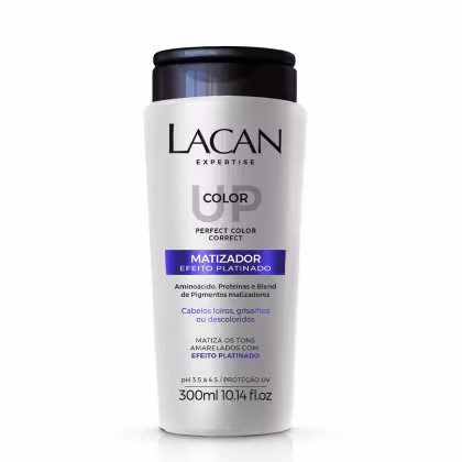 Frasco de 300ml da linha Color Up da Lacan Expertise, com rótulo branco e preto destacando o "Matizador Efeito Platinado" para cabelos loiros, grisalhos ou descoloridos.