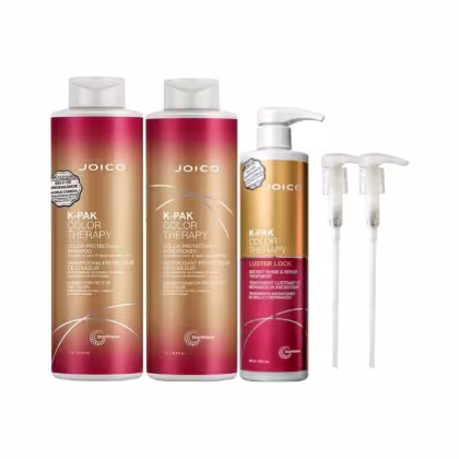 A imagem mostra produtos da linha K-PAK Color Therapy da marca Joico. Há dois frascos grandes de shampoo e condicionador  de 1L e o tratamento "Luster Lock".. Ao lado, estão dois aplicadores de válvula pump.