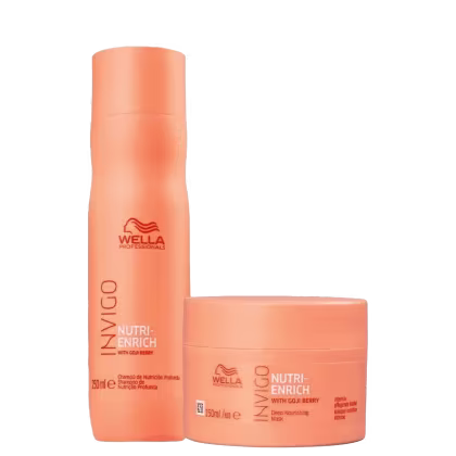 Shampoo Wella Professionals Nutri-Enrich em embalagem plástica laranja de 250ml e pote redondo laranja de 150ml com a descrição Máscara de Nutrição Profunda para tratamento capilar.