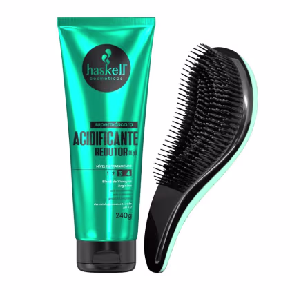 Tratamento capilar adicificante redutor de pH da marca Haskell. Acompanha uma escova mágica.