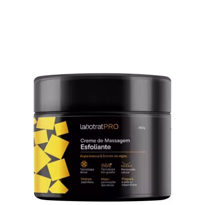 O produto apresentado é um creme de massagem esfoliante da marca Labotrat Pro. A embalagem é um pote preto com tampa preta, contendo 350g do produto.