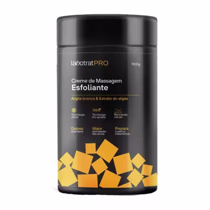 O produto apresentado é um creme de massagem esfoliante da marca Labotrat Pro. O rótulo menciona as principais características do produto, como a ação de drenagem, melhoria da circulação e preparação da pele para tratamentos.