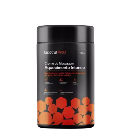 O produto apresentado é um creme de massagem da marca Labotrat, linha Pro, com a denominação "Aquecimento Intenso". Volume de 900g.