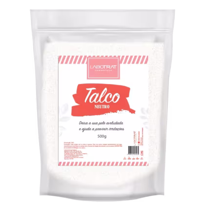 O produto apresentado é um talco neutro da marca Labotrat, em uma embalagem plástica branca de 500g.