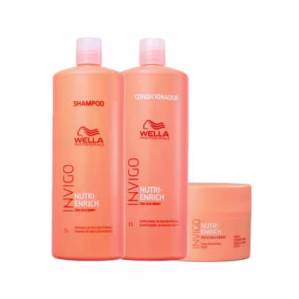 Kit com shampoo, condicionador e máscara Invigo Nutri Enrich da marca Wella Professionals.