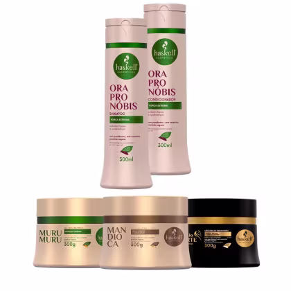 A imagem mostra um kit com shampoo e condicionador da linha Ora Pro Nóbis. Mais três máscaras, uma da linha Murumuru, uma da linha Cavalo Forte e outra da linha Mandioca.