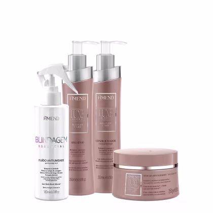 Conjunto de produtos Amend Cosméticos para cuidados com cabelos loiros, incluindo shampoo, condicionador, máscara revitalizadora e fluido antiumidade