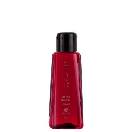 Frasco de gel para massagem da marca Hinode, na cor vermelha, com rótulo destacando o nome "Feelin Hot" e a fragrância "Morango". O produto possui 60ml de volume.