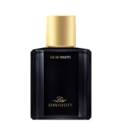 Perfume Eau de Toilette da marca Davidoff em frasco retangular preto com tampa dourada. Rótulo preto com o logotipo "Zino Davidoff" em letras douradas. Embalagem elegante e sofisticada, com contraste de preto e dourado.