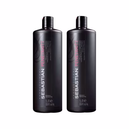 São dois frascos de shampoo Penetraitt 1 litro da marca Sebastian Professional. Os frascos são pretos, opacos e cilíndricos, com tampa preta na parte superior.
