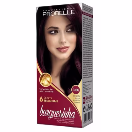 Coloração de cabelos da marca Probelle. Embalagem retangular com fundo branco e detalhes em vermelho e dourado. Cor 3.66 "Castanho escuro vermelho intenso. Imagem frontal de uma mulher com cabelos castanho-avermelhados escuros e maquiagem leve.