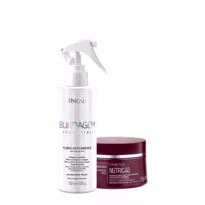 Dois produtos da marca Amend Cosméticos: um frasco branco com pulverizador contendo "Blindagem Essencial Fluido Antiumidade" e um pote vermelho com rótulo "Máscara Nutrição" para cabelos.