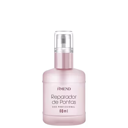 Frasco rosa claro com bomba de spray contendo 60ml de Reparador de Pontas, produto profissional da marca Amend Cosméticos.