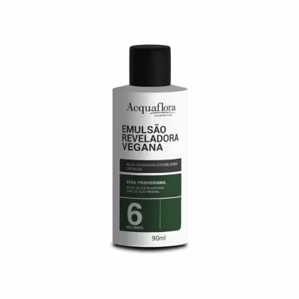 Emulsão reveladora vegana da linha profissional Acquaflora, em frasco plástico branco e preto com 90ml, contendo informações sobre a água oxigenada estabilizada e cremosa.