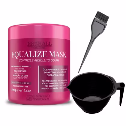 Kit com máscara capilar Equalize Mask e cumbuca capilar, da marca Prohall Cosmetic.