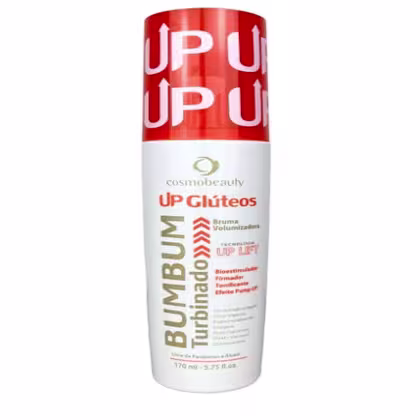 Creme para glúteos da marca Cosmobeauty, chamado "UP Glúteos". O rótulo do produto exibe o nome "UP Glúteos" em destaque, juntamente com informações sobre a fórmula, como "Bruma Volumizadora" e "Up Lift".