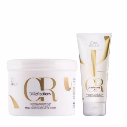 Kit com máscara e condicionador da linha Oil Reflections da marca Wella Professionals.