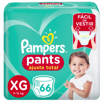 Pacote de fraldas-calça Pampers tamanho XG, 11-15 kg, com 66 unidades. Embalagem verde com logotipo da marca e texto "Fácil de vestir". Imagem de criança sorridente no rótulo.