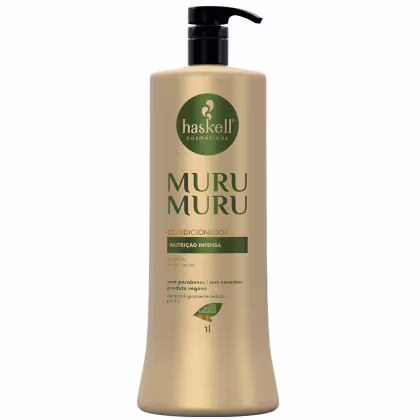 Condicionador Haskell, "Murumuru". O rótulo exibe o nome do produto, "Murumuru", bem como informações sobre sua composição, como "Nutrição Intensa" e "Sem parabenos, sem corantes". O frasco possui um dispensador preto na parte superior.