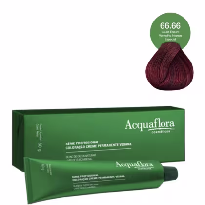 Caixa verde e tubo de creme de coloração permanente vegana da linha profissional da marca Acquaflora, com indicação da tonalidade 66.66 Louro Escuro Vermelho Intenso Especial
